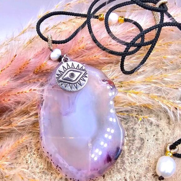 Nature Purple Agate Slice With Evil Eye Charm Pendant Necklace - Picture 4 of 11